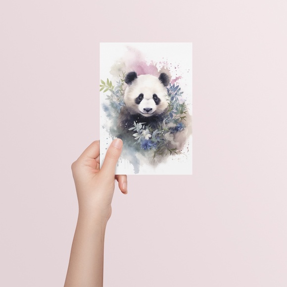 Watercolor Panda Bear With Flowers Portrait Wall Art Illustration Print Unframed - Picture 5 of 6